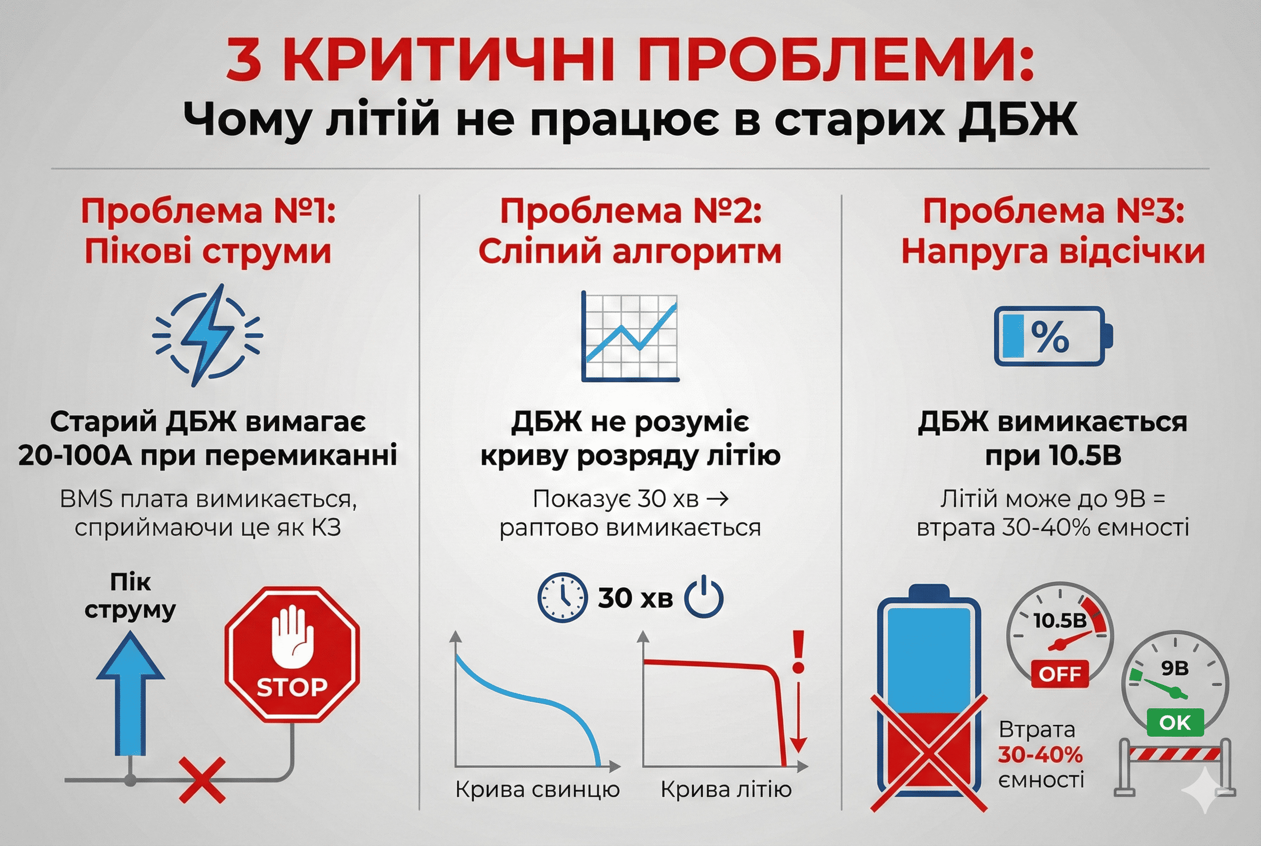 Інфографіка: 3 технічні проблеми при заміні свинцю на літій у ДБЖ