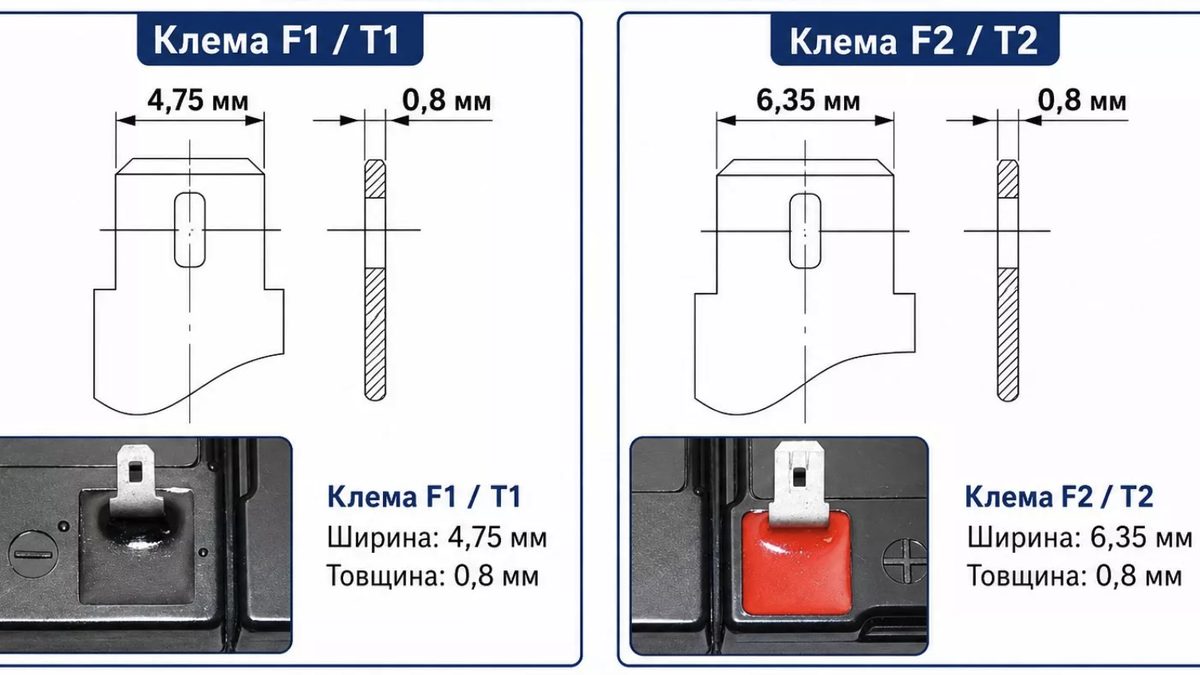 Порівняння клем F1 та F2 на акумуляторах для ДБЖ