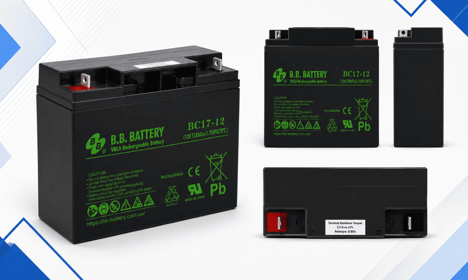 BB Battery BC17-12 — колаж видів акумулятора з різних сторін: спереду, ззаду, збоку
