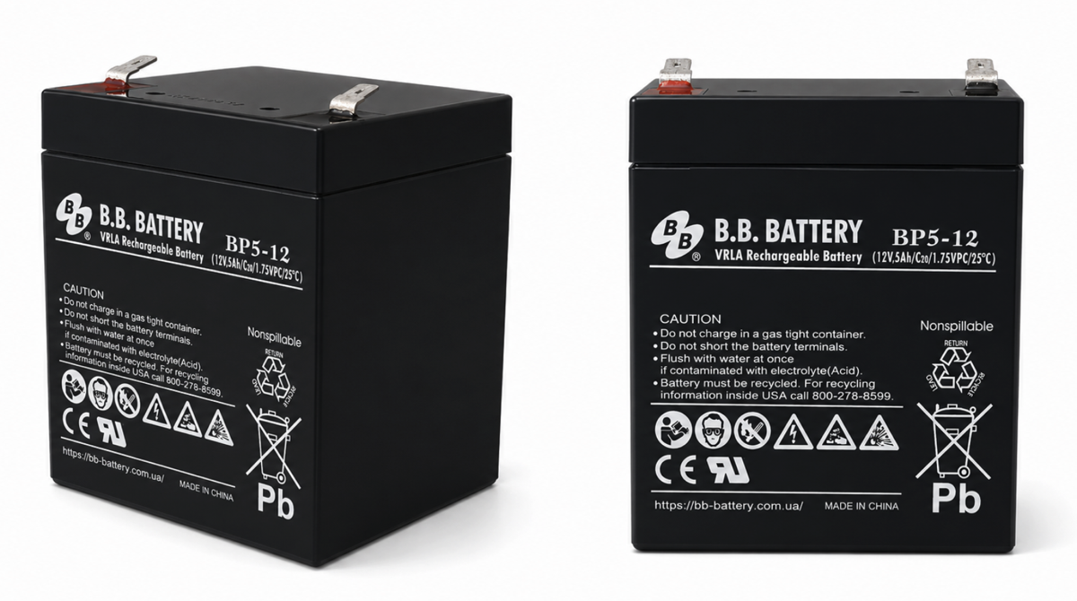 Акумулятор BB Battery BP5-12 12В 5Ач — вигляд спереду та збоку, клеми T2 (Faston 250)