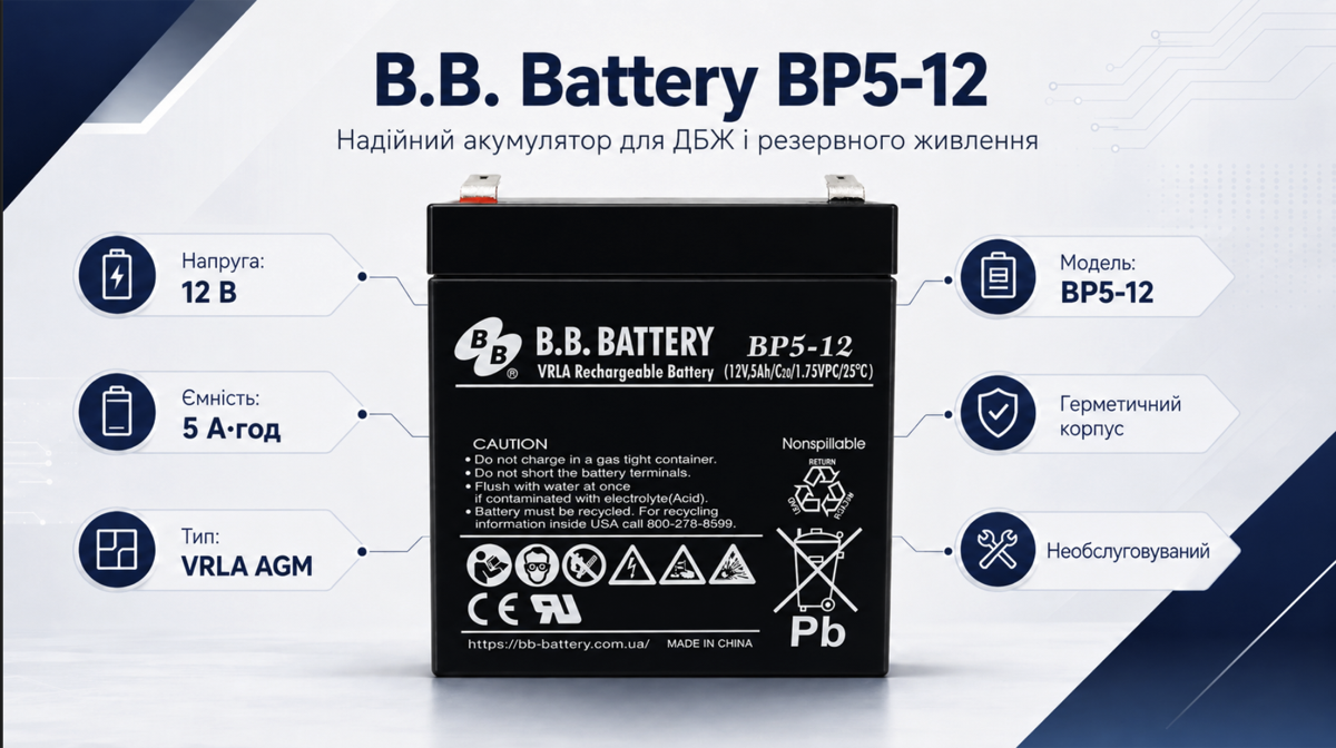 Інфографіка BB Battery BP5-12 AGM VRLA 12В 5Ач T2 — ключові характеристики акумулятора