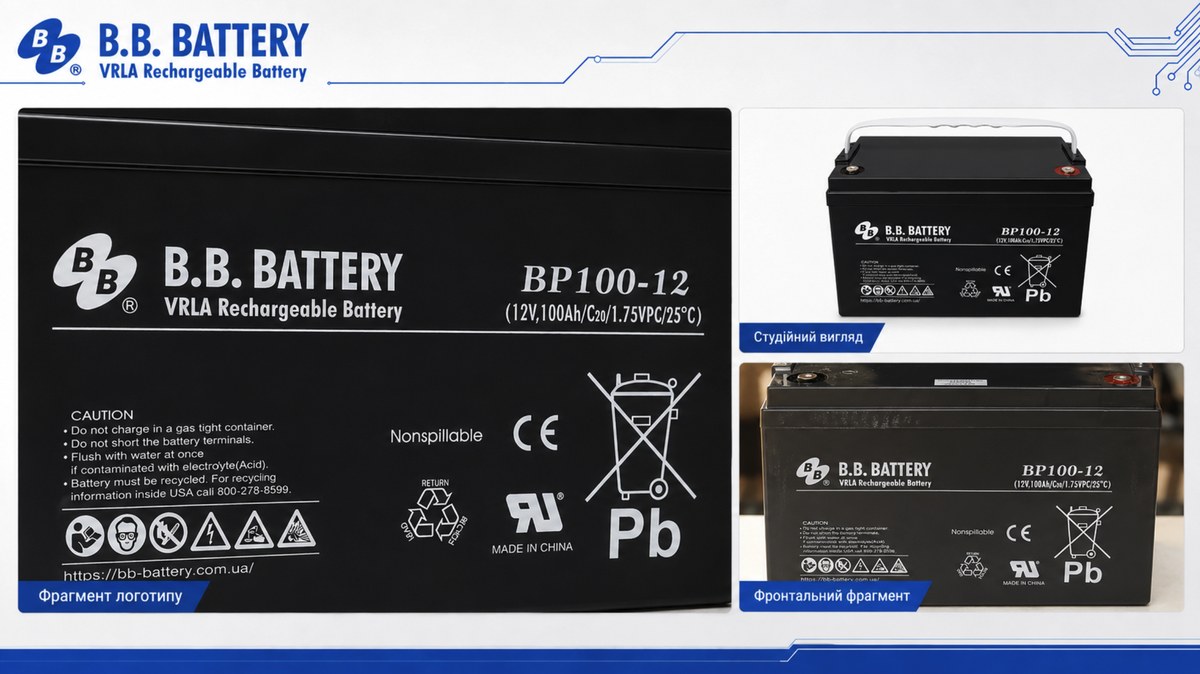 B.B. Battery BP100-12 у студійному та реальному фронтальному вигляді з маркуванням 12V 100Ah C20 і ручкою для перенесення