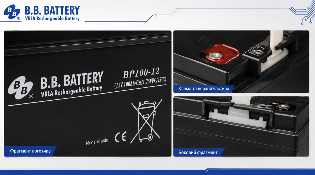 Крупні фрагменти B.B. Battery BP100-12: маркування 12V 100Ah C20, клема B3 під болт M6, верхня частина і боковий фрагмент корпусу