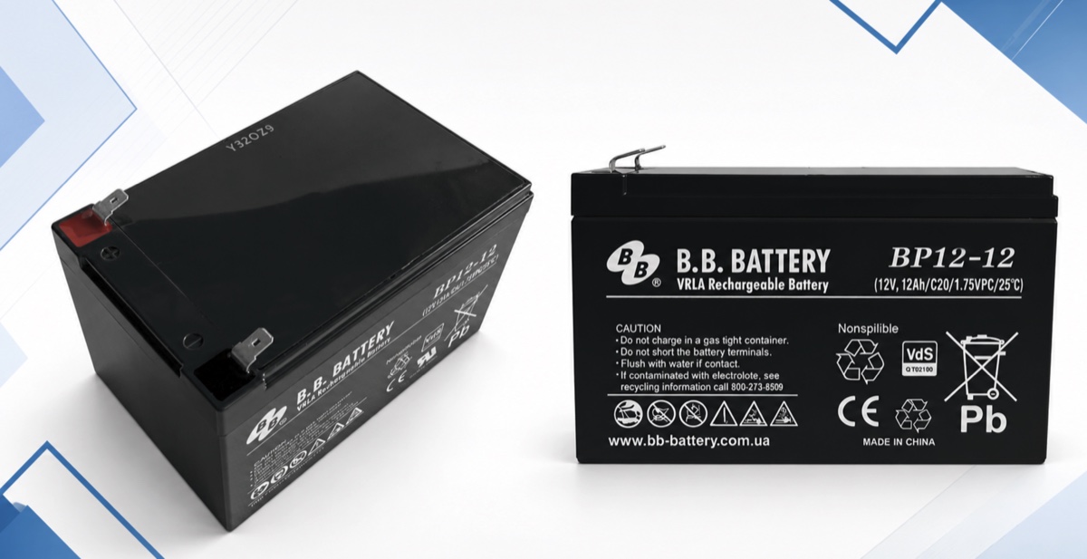B.B. Battery BP12-12 у двох ракурсах: фронтальна етикетка та верхня площина з клемами T2