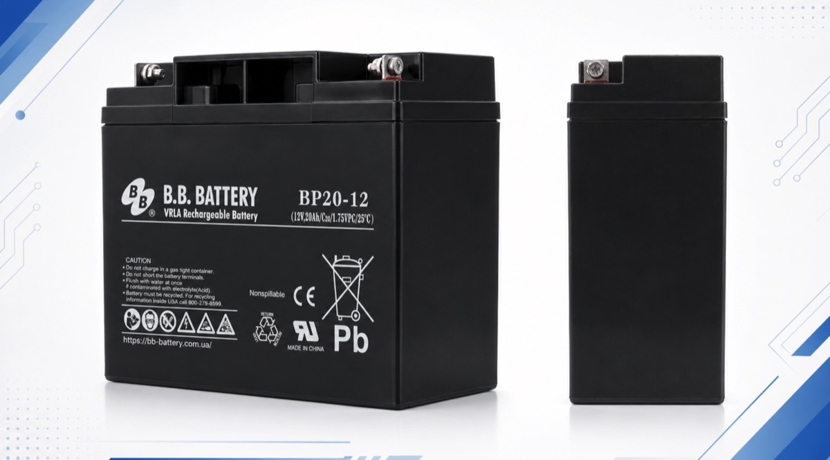 Реальний вигляд акумулятора B.B. Battery BP20-12 у фронтальному та боковому ракурсі
