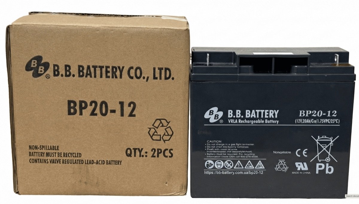 Акумулятор B.B. Battery BP20-12 поруч з оригінальною коробкою виробника