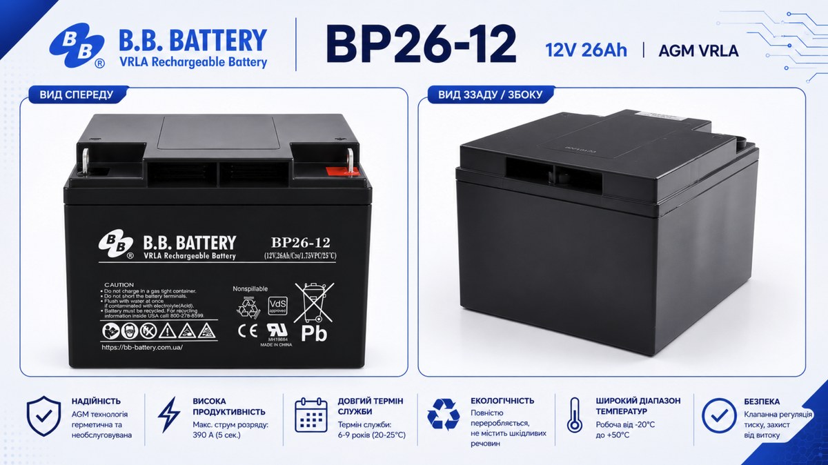 Реальний вигляд акумулятора B.B. Battery BP26-12 спереду та ззаду збоку