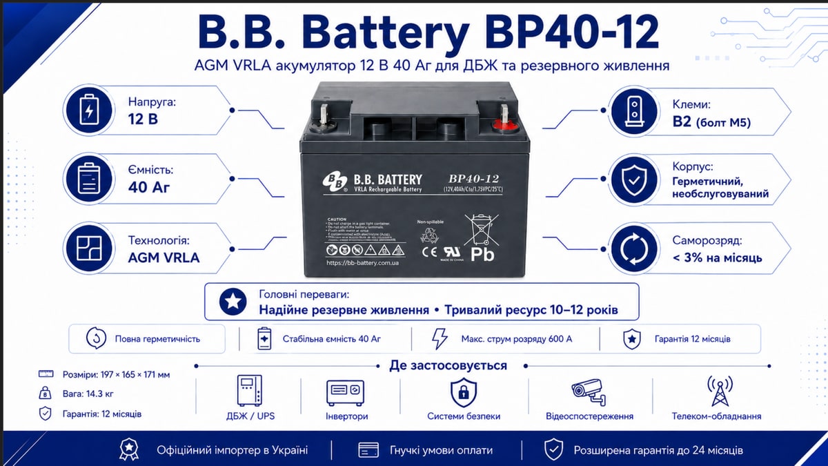 Інфографіка BB Battery BP40-12: AGM VRLA 12 В 40 Аг, клеми B2 M5, саморозряд менше 3 відсотків на місяць