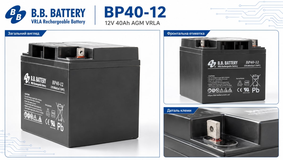 BB Battery BP40-12: загальний вигляд корпусу, фронтальна етикетка та деталь клеми B2 M5 для перевірки сумісності