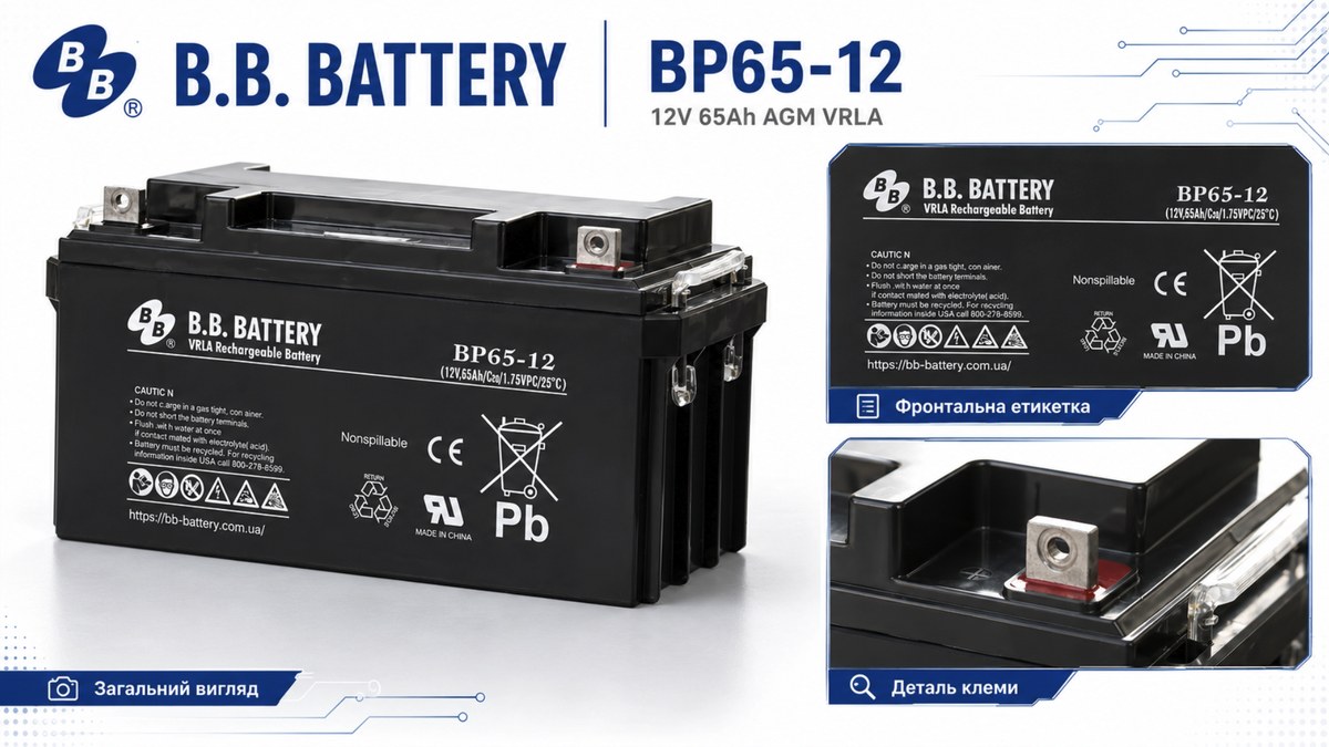 B.B. Battery BP65-12: загальний вигляд акумулятора, фронтальна етикетка і деталь клеми B5 під болт M6