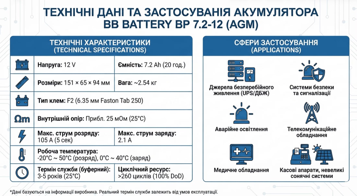 Сфери застосування та технічні характеристики B.B. Battery BP7.2-12 — таблиця