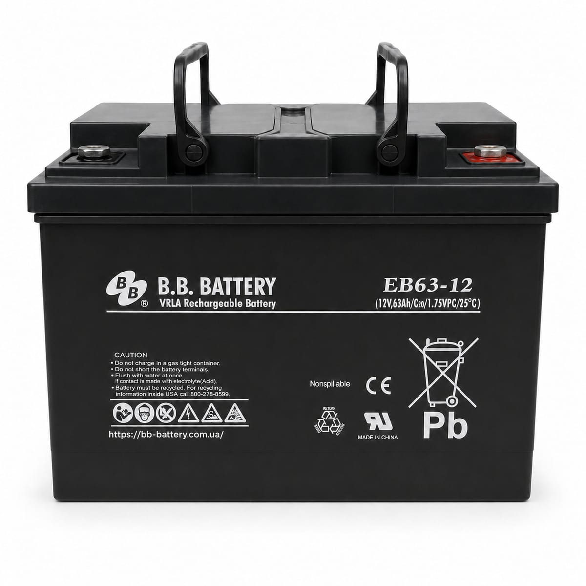 BB Battery EB63-12: фронтальний вигляд корпусу, етикетки, ручок і клем F11 M8