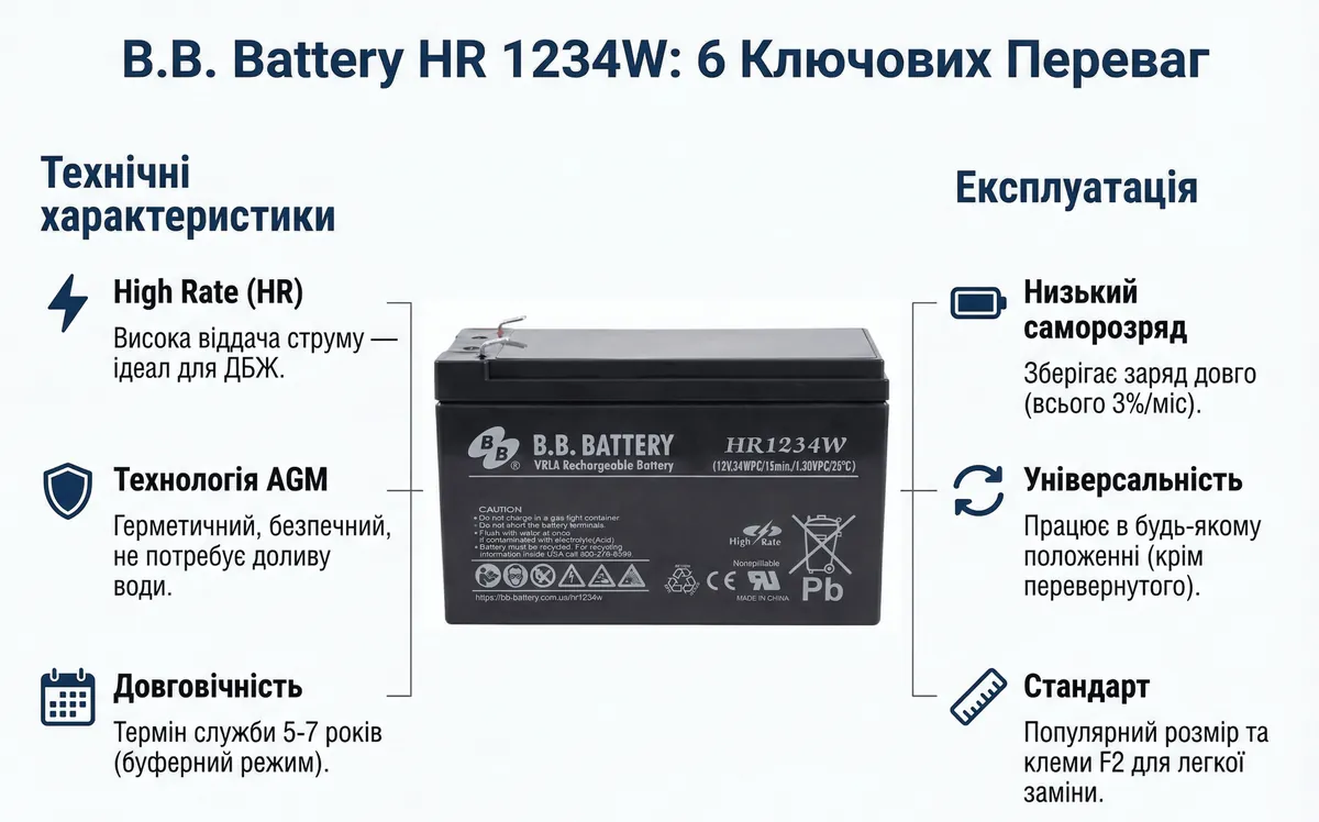 Інфографіка HR1234W: 6 ключових переваг — AGM технологія, проектний ресурс до 6 років, низький саморозряд 3%, клеми F2, температурний діапазон, універсальність положення