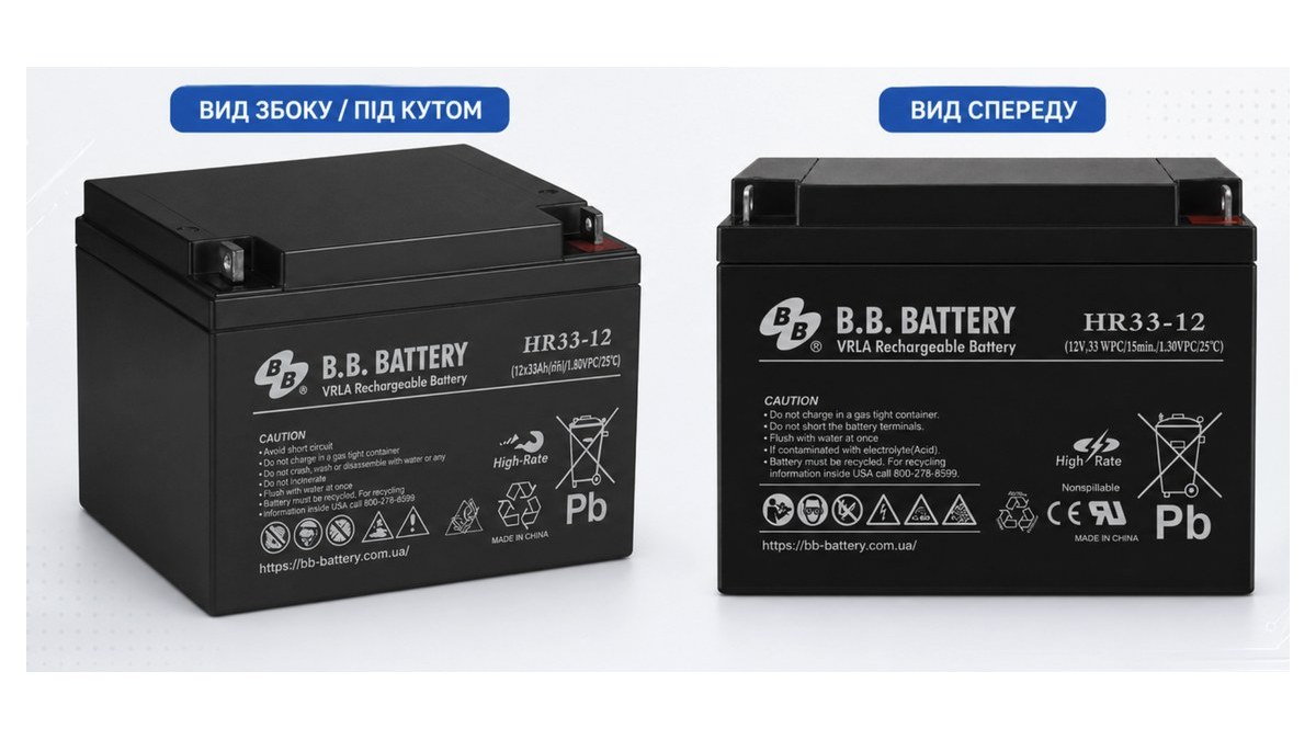 Акумулятор B.B. Battery HR33-12 у двох ракурсах: вид збоку під кутом і вид спереду з клемами B1 M5