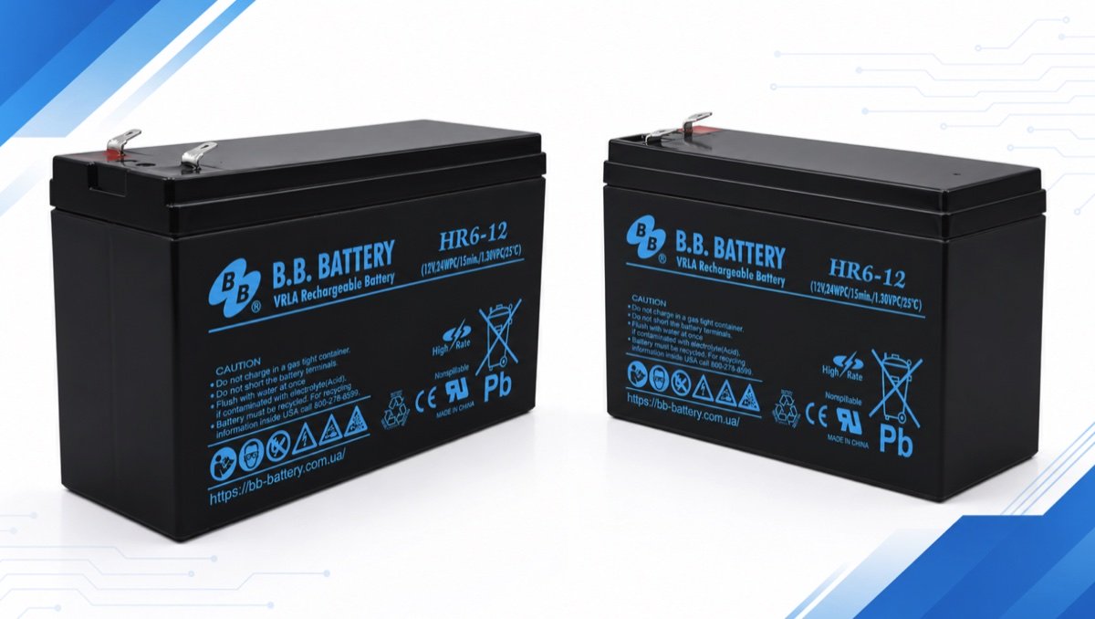 Реальний вигляд акумулятора B.B. Battery HR6-12 у фронтальному та боковому ракурсі з клемами зверху