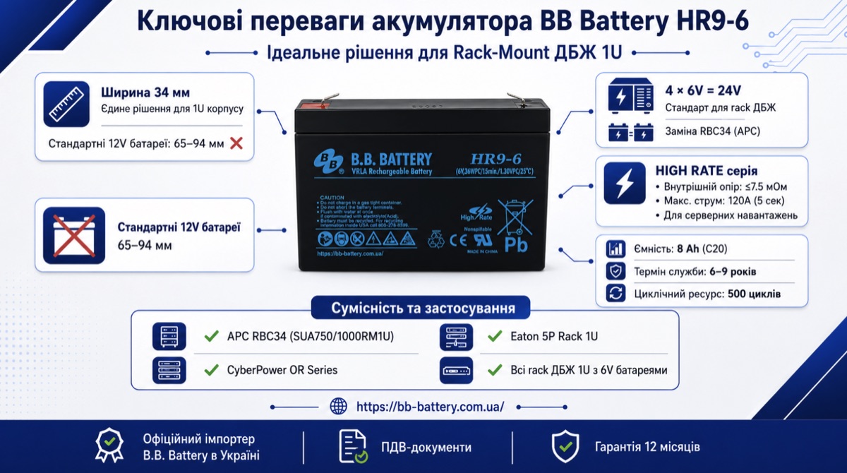 Інфографіка BB Battery HR9-6 для rack-mount ДБЖ 1U: ширина 34 мм, 4×6V у 24V системі, High Rate серія, RBC34