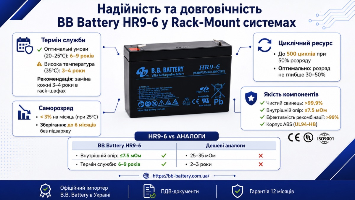 Інфографіка надійності BB Battery HR9-6 у rack-mount системах: саморозряд, циклічний ресурс, внутрішній опір і температурні умови