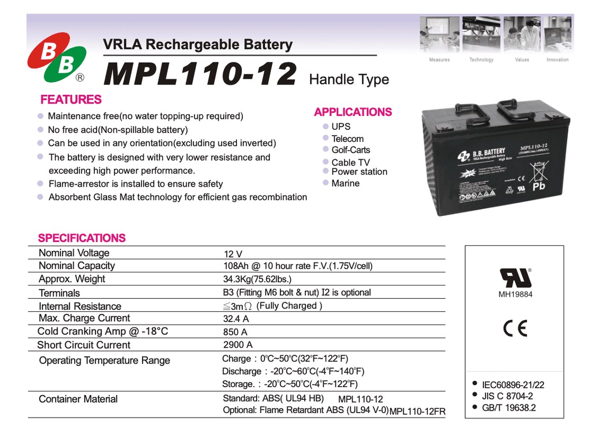 Технічний огляд B.B. Battery MPL100-12 H-type: 12 В 108 Аг, клеми B3 M6, I2 optional, вага 34.3 кг, max charge 32.4 A