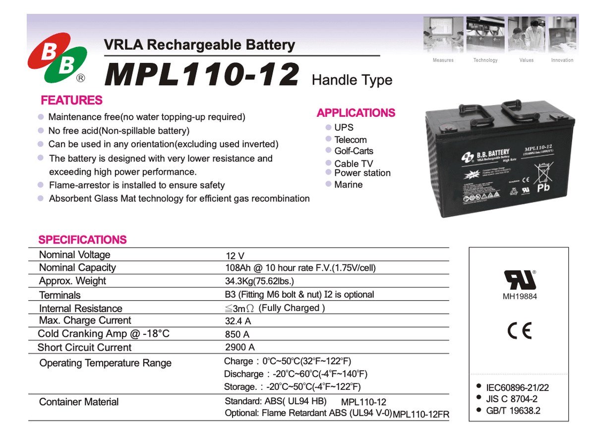Технічний огляд B.B. Battery MPL100-12 H-type: 12 В 108 Аг, клеми B3 M6, I2 optional, вага 34.3 кг, max charge 32.4 A